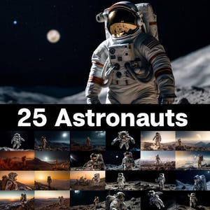 Puede incluir: Un astronauta con un traje espacial blanco está de pie sobre una superficie lunar, con un reflejo en la visera del casco. La imagen incluye una colección de 25 imágenes de astronautas, con un fondo de espacio y cuerpos celestes.