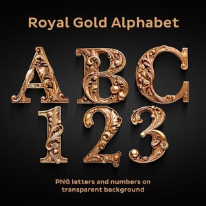 Alphabet royal en or. Lettres, chiffres et signes de ponctuation dorés. Ensemble PNG glamour alphabet doré, lettres de luxe