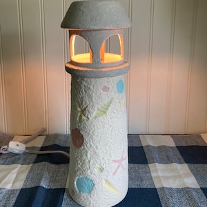 Beach Lighthouse that lights Shell lighthouse light Pastel Sand painted Lighthouse with Light Beach decor Coastal Lighthouse Light