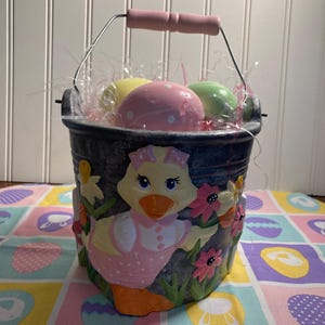 Easter Ceramic Galvanized looking Pail with 3 decorated ceramic eggs Easter Pail with flowers and duck Easter Pail Easter