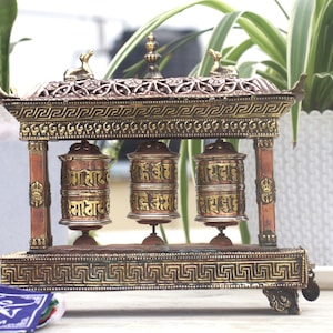 8-Inch Handcrafted Triple Tibetan Prayer Wheel with Built-in Incense Burner – Made in Nepal