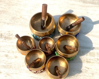 Hand-beaten singing bowl set of 7- Tibetan Himalayan Singing bowl from Nepal- perfect for meditation, mindfulness, sound healing, sound bath