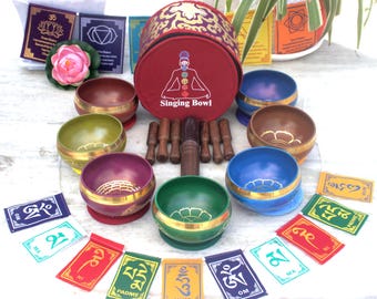 Sale! Handmade 7-Chakra Color symbol Singing Bowl Set – Vibrational Sound Healing for Yoga, Meditation & Chakra Balancing from himalayan