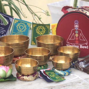 Set of 7 Hand-Beaten Tibetan Singing Bowls – Includes Meditation and Thado Bowls for Spiritual Yoga and Chakra Healing Practice from Nepal