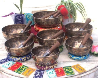 Full Moon Tibetan Singing Bowl Set of 7-7 Human Chakra Tuned, Handmade in Nepal, Meditation-Sound Healing, Yoga- Premium Bowls-Healing Bowls
