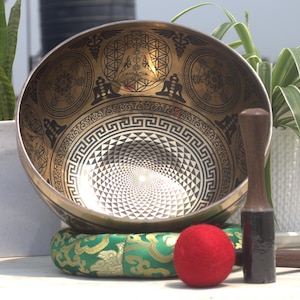 10-Zoll-Blume des Lebens Klangschale-Schönes Design-Tiefe Resonanz Klang-Made in Nepal-Premium Qualität Schale