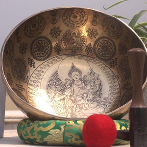 12 inches Green Tara singing bowl- Adorned with auspicious symbols, mandala and Green Tara- Beautiful design-perfect size-Best sound quality