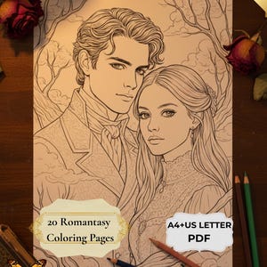 May include: A coloring book with 20 Romantasy coloring pages. The cover features a detailed illustration of a man and woman in period clothing. The words "A4+US LETTER PDF" are also visible.