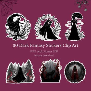 May include: A collection of 30 dark fantasy stickers in black and white, featuring silhouettes of figures, couples, and scenes with trees and a wolf. The stickers are clip art, available as a PNG and PDF download.