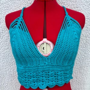 Turquoise Crochet Festival Top | Adjustable Crisscross Lace-Back | Handmade Acrylic Bralette | Medium/Large/XL Fit
