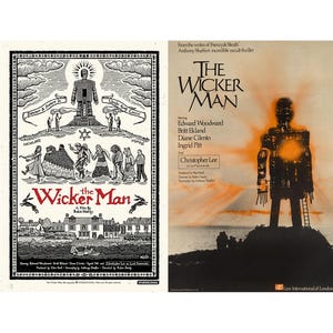 Könnte beinhalten: Ein Vintage-Filmplakat für den Film "The Wicker Man". Das Plakat zeigt eine Schwarzweißillustration eines Mannes, der auf einer Plattform steht, mit einem großen Korbmann dahinter. Das Plakat enthält auch den Titel des Films, den Namen des Regisseurs und die Namen der Schauspieler.