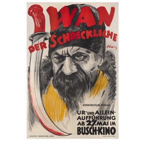 Peut inclure: Affiche de film vintage allemande pour "WAN DER SCHRECKLICHE", avec un homme barbu et un grand couteau. L'affiche est principalement rouge, noir et blanc, avec du texte allemand et le nom du studio de cinéma.