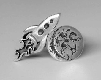 Rockets & Moon Cufflinks - Argent Sterling - Science-Fiction - Geekery - Vaisseau spatial fabriqué sur commande