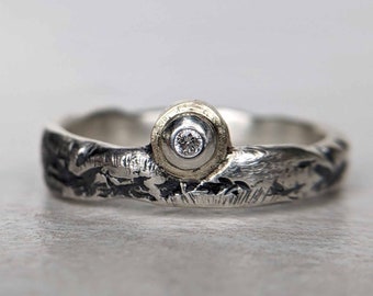Textured Diamond Ring - Silver + 18ct Gold - Ready To Send UK Size N1/2 US Size 7 - Made to order in any size!
