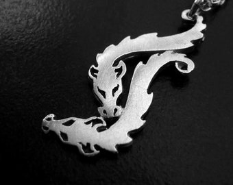 Dragon jewelry silver pendant - 2 Nuzzling silver dragons - Made to Order