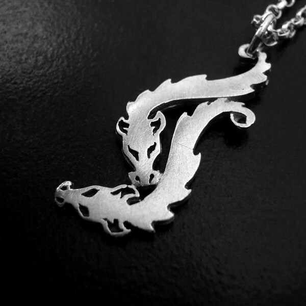 Dragon jewelry silver pendant - 2 Nuzzling silver dragons - Ready to Send!