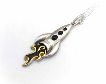 Retro Rocket Pendant with Gold Flames - Sterling Silver - Sci-Fi - Geekery - Spaceship - Ready to Send!