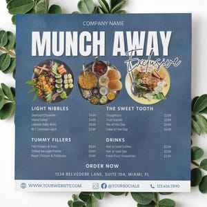 Ulotka ekskluzywna dla restauracji, specjalny szablon kolacji i lunchu, ulotka marketingowa Canva, ulotka Munchies, edytowalny post w mediach społecznościowych