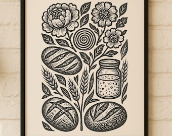 Sourdough Bread Linocut PNG: Rustic Baking Clipart for Sublimation Design