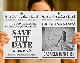 Plantilla de periódico para guardar la fecha de quinceañera: Anuncio personalizado de quinceañera editable en Canva