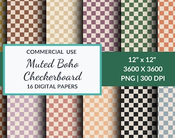 Pacchetto di carte digitali a scacchiera in stile boho dai toni tenui, motivi a scacchi senza soluzione di continuità, carte stampabili per scrapbooking.
