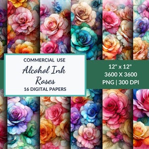 Alcohol Ink Roses Digital Paper PNG, 16 Floral Background Bundle | Floral Textures for Junk Journal, Scrapbooking, Sublimation, Invitations