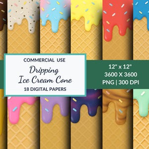 Dripping Ice Cream Cone Digital Paper – 18 Waffle Cone Backgrounds with Sprinkles PNG | Summer Candy Texture Pack | Summer Scrapbook