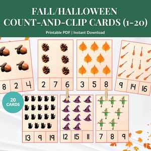 Halloween Counting Cards, Fun Printable Math Activity for Preschool, Early Learning, Count & Clip Cards, Montessori Math, Counting Activity