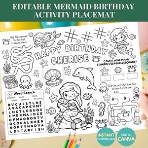May include: Black and white mermaid-themed activity placemat with the text "EDITABLE MERMAID BIRTHDAY ACTIVITY PLACEMAT". Includes mazes, word search, and counting activities. Features mermaids, sea creatures, and the words "HAPPY BIRTHDAY CHERISE".