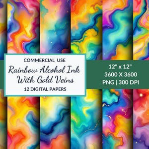 Rainbow Alcohol Ink Digital Papers, 12 Designs, 12&quot; x12&quot; PNG, Alcohol Ink Sublimation, gold veins, Commercial Use, Instant Download