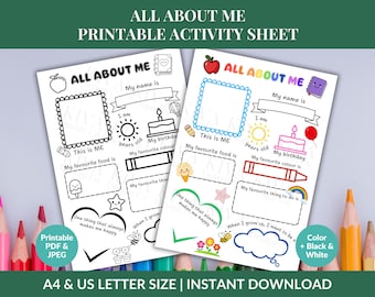 All About Me Printable Worksheet for Kids - Get to Know You Classroom Activity, Instant Download
