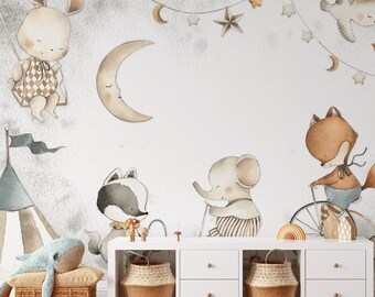May include: A white wall mural with a whimsical circus theme featuring a bunny on a swing, a raccoon on a unicycle, an elephant on a scooter, and a fox riding a bicycle. The mural is decorated with stars, moons, and a banner.