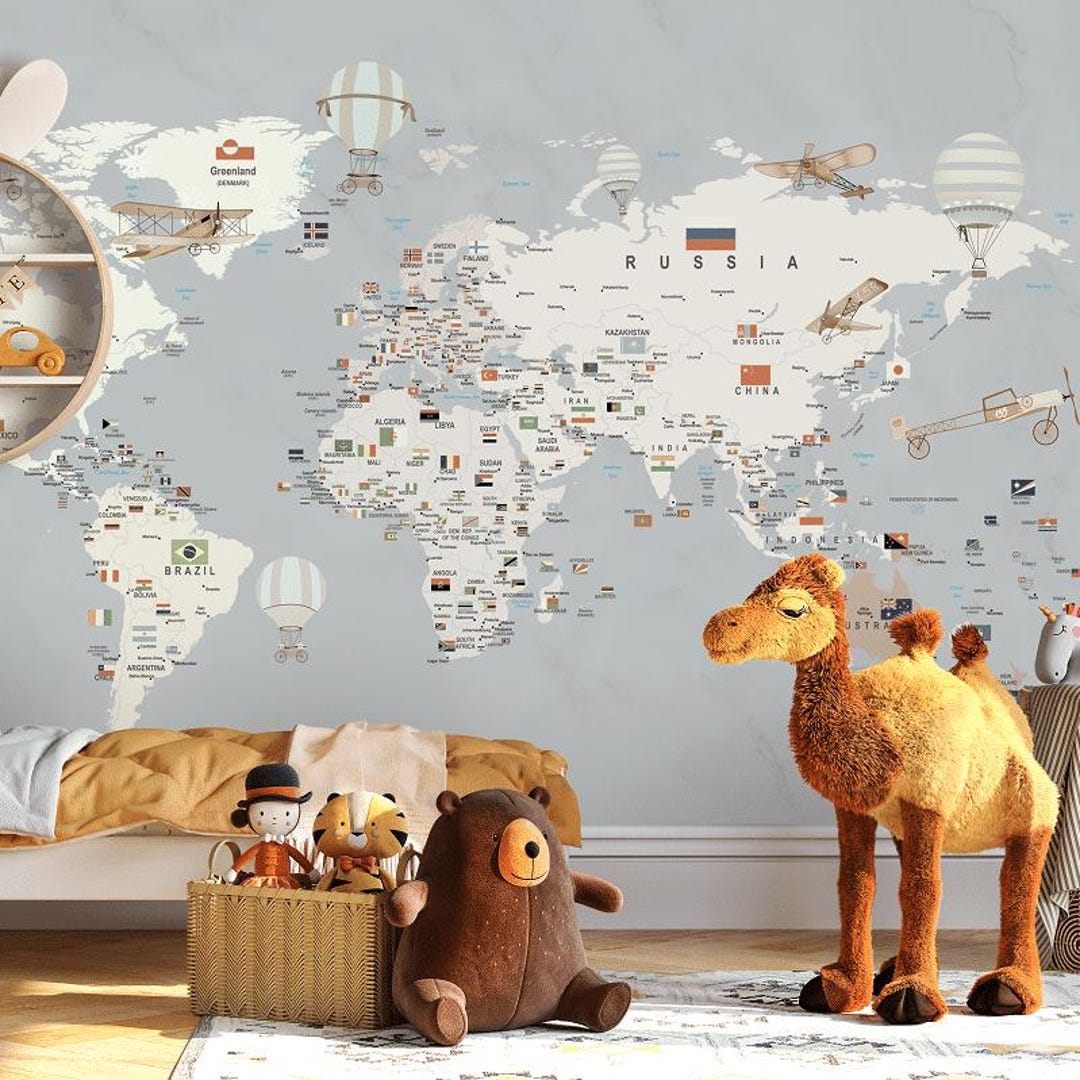 Wall Mural Kids Wallpaper Blue Map of the World - Etsy UK