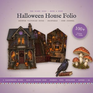 May include: A Halloween House Folio printable junk journal kit featuring a Victorian house exterior, interior room scenes, a black raven on a book, and red-capped mushrooms. Text includes "Halloween House Folio" and "100+ pieces 33 pages".