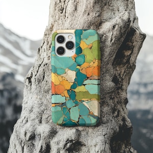 Abstract Mosaic Stone Pattern – Tough iPhone Case | Teal, Green & Orange Geometric Art, Dual-Layer