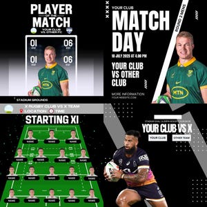 May include: A graphic design for a rugby match day. The design features a green and gold rugby jersey with the text "Player of the Match" and "Your Club vs. Other FC". The design also includes a green and gold rugby ball, a green and gold rugby jersey, and the text "Match Day" and "Your Club vs Other Club".