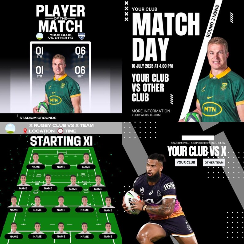 May include: A graphic design for a rugby match day. The design features a green and gold rugby jersey with the text "Player of the Match" and "Your Club vs. Other FC". The design also includes a green and gold rugby ball, a green and gold rugby jersey, and the text "Match Day" and "Your Club vs Other Club".