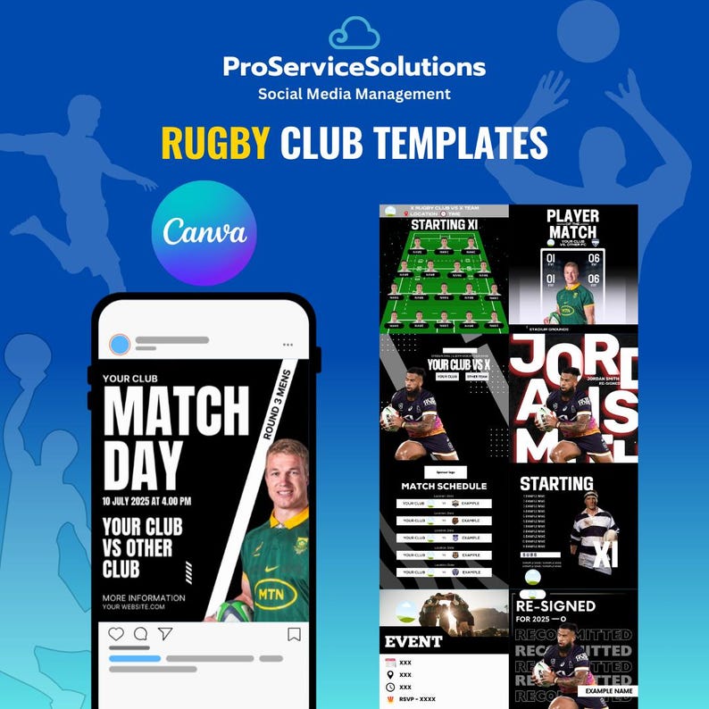 May include: A set of social media templates for a rugby club. The templates feature a black and white color scheme with green and red accents. The templates include a match day announcement, a player profile, a match schedule, and a team roster.