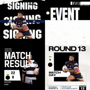 May include: A graphic design for a rugby match event. The design features a black and white image of a rugby player with the text "Match Result" and the score "22 - 8". The design also includes the text "Round 13" and "Match Day" with the date "Saturday August. 6".