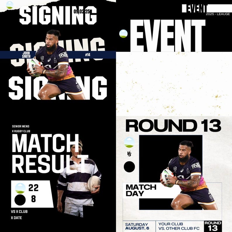 May include: A graphic design for a rugby match event. The design features a black and white image of a rugby player with the text "Match Result" and the score "22 - 8". The design also includes the text "Round 13" and "Match Day" with the date "Saturday August. 6".