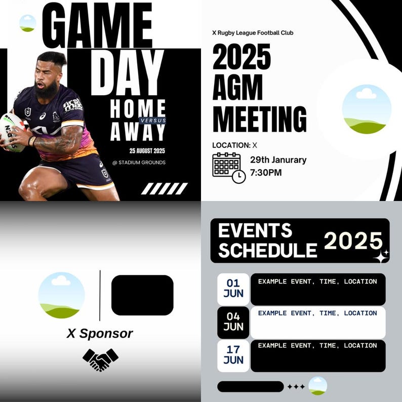 May include: A black and white graphic design for a rugby league football club's 2025 AGM meeting. The design includes a calendar icon, a clock icon, and the text "2025 AGM Meeting". The text "Location: X" is also included, along with the date and time of the meeting: "29th January 7:30PM".