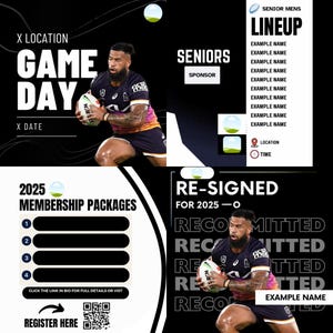 May include: A black and white graphic with the text "Game Day" and "2025 Membership Packages". The graphic also includes a rugby player in a black and orange jersey holding a rugby ball. The text "Re-Signed for 2025-0" is also included in the graphic.
