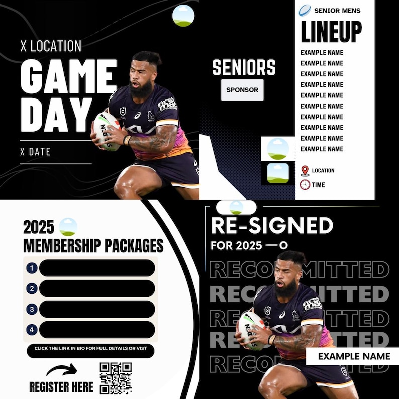 May include: A black and white graphic with the text "Game Day" and "2025 Membership Packages". The graphic also includes a rugby player in a black and orange jersey holding a rugby ball. The text "Re-Signed for 2025-0" is also included in the graphic.