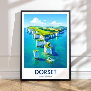 Stampa Old Harry Rocks - Poster di viaggio illustrato del Dorset, Regno Unito / Arte delle scogliere costiere, natura, decorazioni murali panoramiche, paesaggio del Regno Unito