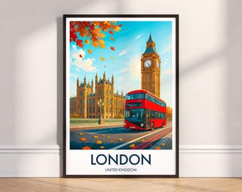 Impresión del Big Ben de Londres y el autobús rojo: póster de viaje a Londres, Reino Unido