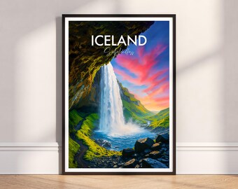 Seljalandsfoss Waterfall Dusk Wall Art: Iceland Modern Travel Poster