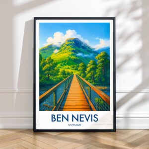 Stampa Ben Nevis – Poster di viaggio illustrato di Ben Nevis, Scozia / Highlands scozzesi, arte del paesaggio montano, sentiero escursionistico, arredamento per la casa
