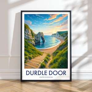 Stampa Durdle Door – Poster di viaggio illustrato del Dorset, Regno Unito / Arte murale costiera, decorazione della Jurassic Coast, paesaggio costiero del Regno Unito