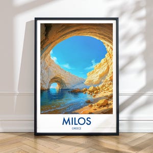 Stampa della grotta di Sykia - Poster di viaggio illustrato di Milos, Grecia / Arte murale costiera, decorazione delle Cicladi, paesaggio costiero dell'isola greca, grotta marina