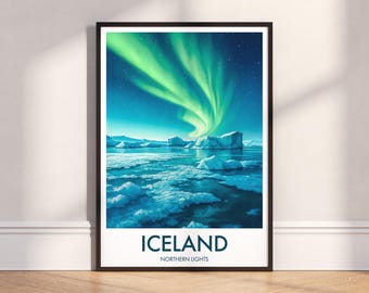 Zorza polarna, jezioro lodowe, wydruk: Islandia, plakat podróżniczy z zorzą polarną